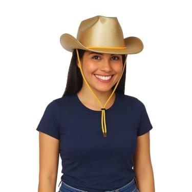 Imagem de Beistle Chapéu de cowboy teatral – Chapéu de fantasia de faroeste dourado com alça ajustável no queixo, adereço metálico de rodeio para festas temáticas, fantasias de Halloween, apresentações de palco