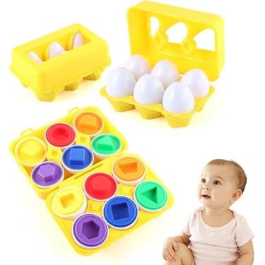 Imagem de Brinquedo Educativo Montessori Infantil, Caixa de Ovos com Formas Geométricas, Jogo de Encaixar Cores, Amarelo, 17x12x7cm