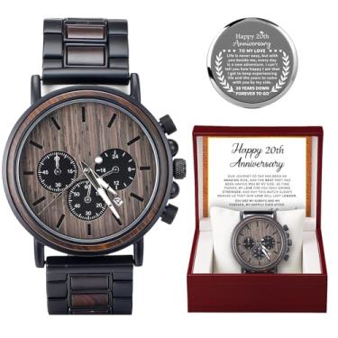 Imagem de Threehoney Relógio de madeira gravado 20 anos para ele, aniversário de 20 anos para homens, presentes 20º vigésimo aniversário de casamento lembrança para marido namorado