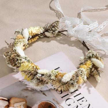 Imagem de Nuanchu Tiara de casamento com flores secas, coroa de flores, tiara de dama de honra floral real com fita, adereços para fotos de maternidade (branca, charmosa)