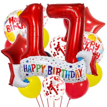 Imagem de Conjunto de decoração de aniversário de 17 anos vermelho, balão de coração rosa 17, balão colorido com faixa de feliz aniversário de 17 anos para meninas, meninos, crianças, adultos, número vermelho