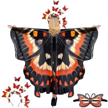 Imagem de Rngmsi Fantasia de xaile de asas de borboleta – capa de asa de borboleta preta vermelha amarela com saia conjunto de máscara para mulheres, acessório de foto de cosplay diário, fantasia de festa de