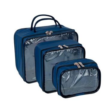 Imagem de Necessaire Impermeável Transparente com Zíper, Azul, PVC, Kit 3 Peças (P 10x7x15cm, M 19x10x19cm, G 20x12x25cm), com Alça (Azul Marinho)