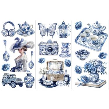Imagem de Peacoblue Adesivo de transferência para decoração de artesanato de móveis, série de porcelana azul e branca, 3 peças à prova d'água UV DTF para lingerie, baús, gaveta, cômoda, vidro, porcelana