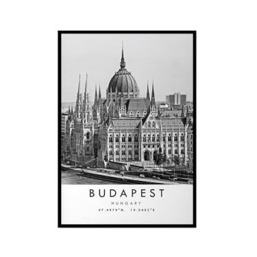 Imagem de Pôster de viagem preto e branco impressão paisagem da cidade do mundo pintura em tela Budapeste arte de parede decoração de casa (12 x 18 polegadas (30 x 45 cm), moldura para fotos)