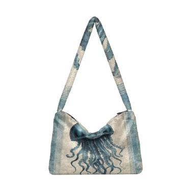 Imagem de Cute Dog Stay Paw Sitive Bolsa de ombro feminina, sacola com zíper e alça de ombro, bolsas de outono, Água-viva azul em aquarela vintage, One Size