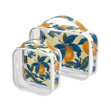 Imagem de GAIGEO Papagaios em folhas de palmeira e flores bolsa de cosméticos impermeável, sacos de higiene pessoal transparentes para viagens para mulheres, pacote com 2, Azul de laranjas em amarelo-1, one