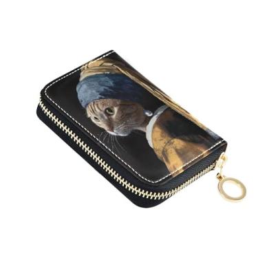 Imagem de Carteira feminina engraçada de gato com brinco de pérola, carteira de couro para cartão de crédito, bloqueio de RFID, carteira masculina com bolso para moedas