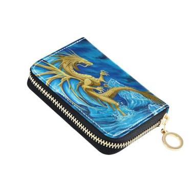 Imagem de Carteira de couro feminina, 9 compartimentos para cartão de crédito e 2 compartimentos para dinheiro, bolsa de moedas com zíper e chaveiro dragão pterossauro arte azul água