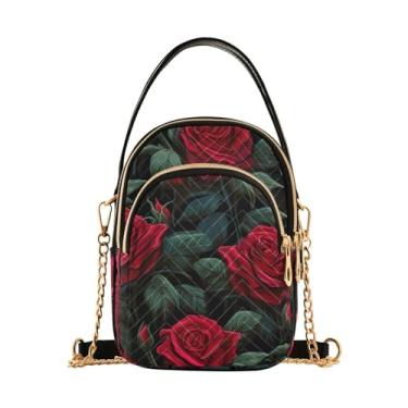 Imagem de Bolsa tiracolo feminina moderna com folhas de cogumelos e árvores aquarela, bolsa de ombro, bolsa transversal para meninas, Rosa vermelha com folhas-1, One Size