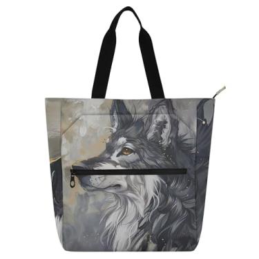 Imagem de GAIGEO Bolsa de trabalho cinza com estampa de lobo para mulheres, bolsas de lona para faculdade, escola, bolsas médias, amantes de livros