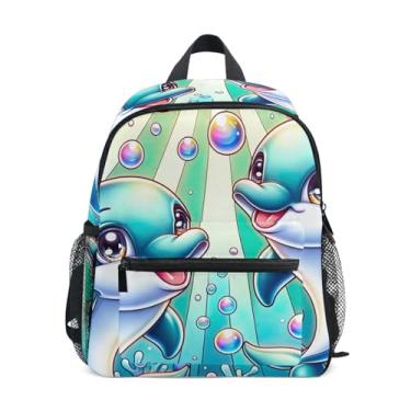 Imagem de GAIGEO Cute Cartoon Dolphins Mini Toddler Backpack, 10x4x12 In, Girls Backpack Includes Water Bottle Pockets, Whistle Clip for Safety