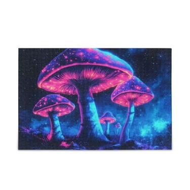 Imagem de Quebra-cabeça de 500 peças de cogumelos espaciais neon de madeira e papel com bolsa de armazenamento para adultos