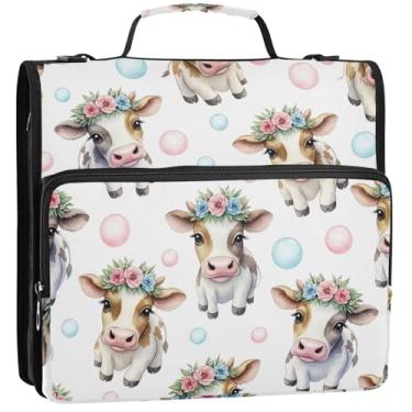 Imagem de Lindas coroas de flores de vacas 3,8 cm, fichário com 3 anéis, organizador de fichários escolares com alça de ombro, básico com vários bolsos, pasta grande, 34,5 x 31,5 x 9 cm