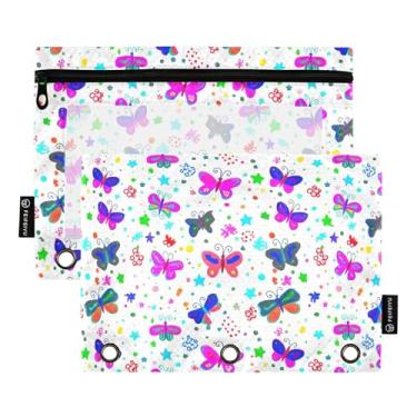 Imagem de GAIGEO Borboletas estrelas pontos branco 3 anéis fichário bolsa lápis zíper fichário sacos de lápis crianças pasta transparente caneta caneta escolar 25 cm x 18 cm, 2 pacotes