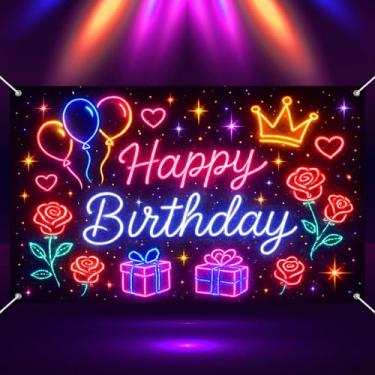Imagem de BlissYard Banner neon feliz aniversário festa pano de fundo 188 x 109 centímetros tinta respingo que brilha no escuro decoração de festa fundo cabine de fotos suprimentos para crianças adultos