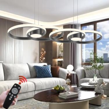 Imagem de Luminária pendente LED com anel dimerizável, moderna, para sala de estar, com controle remoto, ideal para ambientes internos como sala de estar, quarto, cozinha e sala de jantar (Cor: Preta)