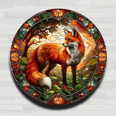 Imagem de Placa de parede redonda de metal de alumínio rústico vintage florestal de raposa floresta, 20 cm, presentes e decoração para casa, escritório, café e quintal