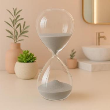 Imagem de Ampulheta de vidro, relógio decorativo, cronômetro de 15 minutos, adequado para mesas de escritório, salas de estar, etc., estilo moderno, decoração de escritório. (AREIA CINZA LISA 15 MINUTOS)