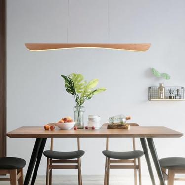 Imagem de Luminária pendente de madeira com LED e intensidade regulável para mesa de jantar, design exclusivo para sala de jantar e cozinha, com controle remoto e altura ajustável. Ideal para sala de