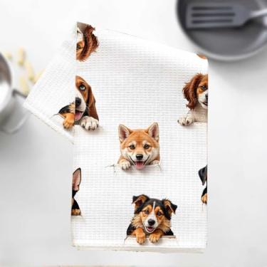 Imagem de Toalhas de cozinha com estampa de cachorro fofo, toalha de prato decorativa de microfibra absorvente com estampa de animal adorável toalha de chá, toalhas de mão de waffle para cozinha, casa, banheiro