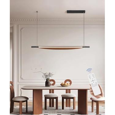Imagem de Luminária pendente moderna de LED para sala de jantar, com intensidade ajustável, 120 cm (altura regulável), estilo vintage com imitação de madeira, ideal para sala de jantar, sala de estar,