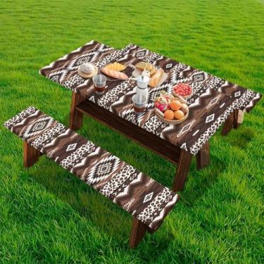 Imagem de Hudotybom Capa de mesa de piquenique asteca com capas de banco, capas de mesa de acampamento astecas marrons para mesas de 2,8 m, 3 peças, capa de banco de mesa de piquenique, itens essenciais de