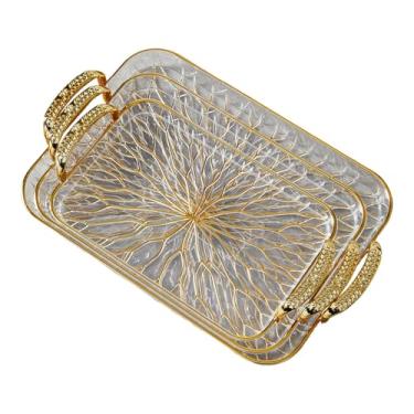 Imagem de Ｂｅｓｇａ Bandeja de servir com 3 peças e alça, organizador de, prato para copo de água, versátil para guardar joias e sobremesas na cozinha, Claro E Dourado