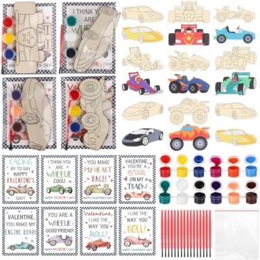 Imagem de Pajean Pacote com 24 kits de pintura de dia dos namorados faça você mesmo kits de pintura de carro de corrida de madeira com cartões de labirinto do dia dos namorados, presentes de troca para