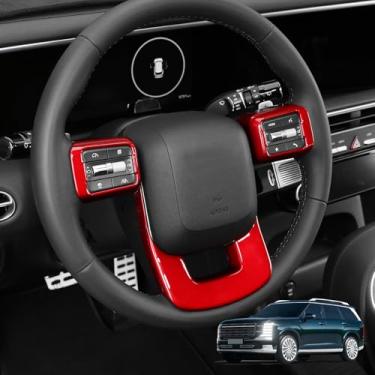 Imagem de JUIVEEL Capa de moldura de volante de carro ABS para painel de proteção de painel de volante compatível com acessórios Hyundai Santa FE 2024-2026 (estilo vermelho brilhante)