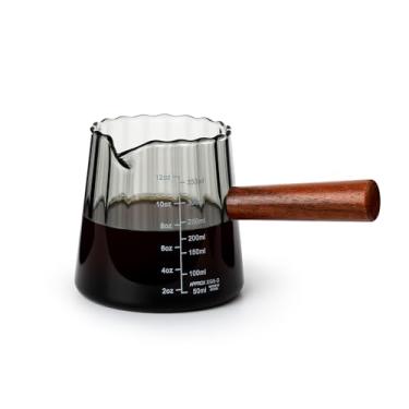 Imagem de Denovin Copo medidor de vidro, cafeteira de 350 ml com cabo de madeira, bico criativo em forma de V, jarra de leite para espumar jarra de café (cinza)