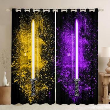 Imagem de Feelyou Cortinas de sabre de luz 132 L x 153 cm C para crianças, meninos, adolescentes, amarelo, roxo, 2 painéis, decoração de quarto, decoração de casa, bolso para varão, isolamento térmico, cortinas