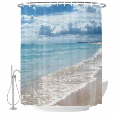 Imagem de Cortina de chuveiro de praia oceano azul, céu azul, paisagem marítima, tecido impermeável, conjunto de cortinas de chuveiro para banheiro, decoração de casa, lavável na máquina