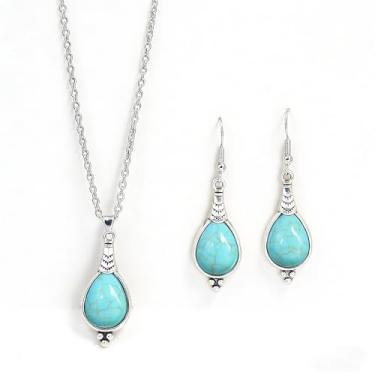 Imagem de T-ztoss Conjunto de brincos e colar Boho Western turquesa lágrima - vintage boêmio estilo étnico ocidental colar e brincos roupas acessórios de joias, Small, Metal, Sem Pedra Preciosa