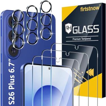 Imagem de firtstnow Pacote com 3 protetores de tela de vidro para Samsung Galaxy S26 Plus [6,7 polegadas] + pacote com 3 protetores de lente de câmera, vidro temperado 9H, desbloqueio de impressões digitais
