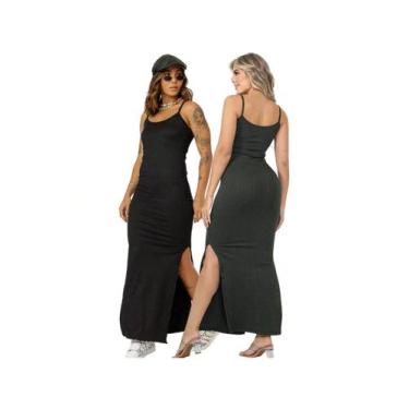 Imagem de KIT 2 Vestido Canelado Longo com Fenda Lateral de Alcinha Sem Bojo - A