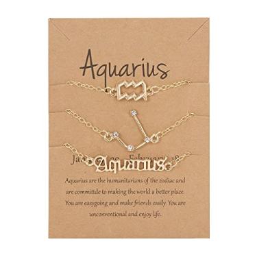 Imagem de COLORFUL BLING Conjunto de 3 pulseiras com 12 constelações de horóscopo banhado a ouro 18 quilates, signo do zodíaco, pulseiras em camadas com letras requintadas, cartão de horóscopo para mulheres,