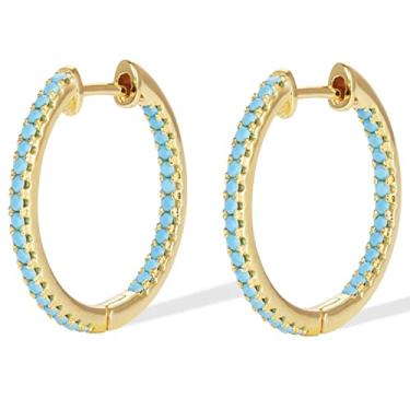 Imagem de AT Jewellery - Brincos femininos de argola de 25 mm com fecho duplo e turquesa azul e ouro 18K, 23mm, GF, Turquesa