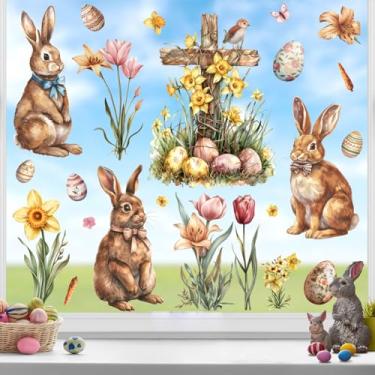 Imagem de Decalques de decoração de janela de Páscoa em aquarela vintage adesivos de coelho para vidro duplo lado removível decalque estático de coelho reutilizável flores ovo de Páscoa adesivo de vinil para