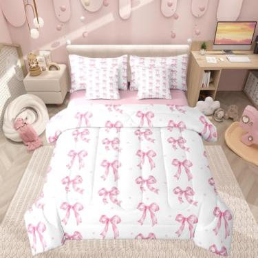 Imagem de Castle Fairy Conjunto de cama queen com laço rosa, estampa de bolinhas fofas para crianças, meninos, meninas, estilo princesa, rosa, 4 camas macias em uma bolsa com edredom, lençóis, fronhas para