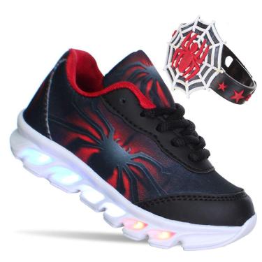 Imagem de Tenis Aranha Infantil Masculino Menino Luzinha Luz Led Com Pulseira Preto