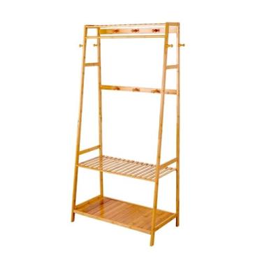 Imagem de Cabide de bambu para corredor com prateleiras de armazenamento e 10 ganchos para entrada, quarto, corredor, suporte de chapéu de escritório (madeira natural)