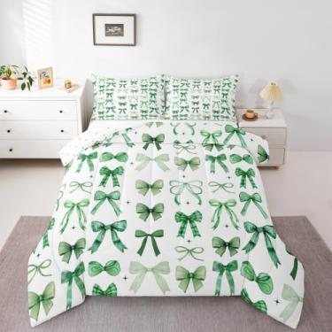 Imagem de Jogo de cama solteiro com laço, verde, para crianças, mulheres, homens, ultramacio, com laço, edredom kawaii, decoração de quarto