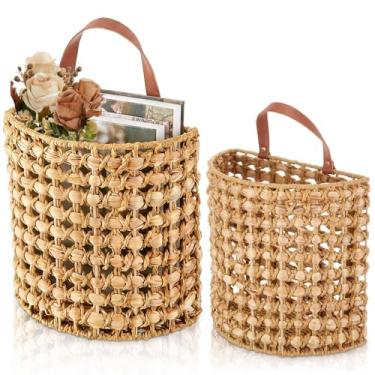 Imagem de Chunful 2 cestas de vime penduradas em jacinto de água, cestas decorativas de vime natural, organizador de armazenamento de tecido feito à mão para decoração de parede de casamento, jardim e casa