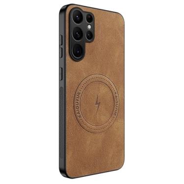 Imagem de POYUFRG Capa magnética para Samsung Galaxy S26 Ultra/S26 Plus/S26, capa fina de couro executivo, proteção de lente com tudo incluído, marrom, S26 Plus