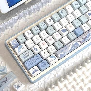 Imagem de COOMICKEY Teclas PBT azuis e brancas - teclas tema oceano 60 75 100 por cento, teclas fofas personalizadas 118 teclas, perfil cereja para 61/68/84/87/98/100 Cherry Gateron MX teclados mecânicos para