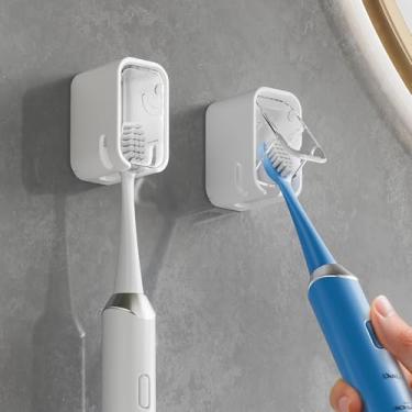 Imagem de Suporte de escova de dentes autoadesivo para banheiro - Suporte de escova de dentes elétrico montado na parede com tampa para chuveiro, compartimento único à prova de poeira dispensador de escova de