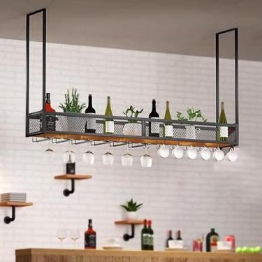 Imagem de Rack de teto para copos de vinho, rack de vinho suspenso com suporte de vidro e prateleira, suporte de garrafa de vinho pendurado industrial, prateleira de montagem no teto para cozinha de bar (cor