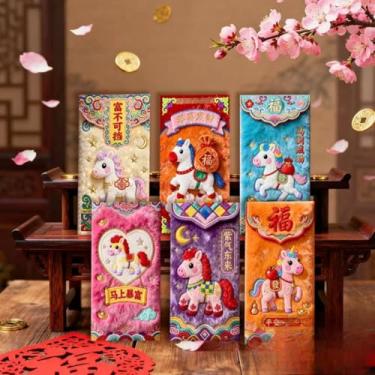 Imagem de Envelopes vermelhos de Ano Novo Chinês do Ano do Cavalo 2026 6 peças, Requintado Imitação Plana Bordado Hong Bao para Festival da Primavera, Casamento e Festa de Aniversário
