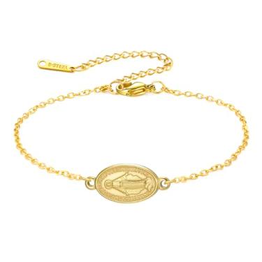 Imagem de Amaxer Pulseira de aço inoxidável dupla face com pingente de Virgem Maria, corrente ajustável com medalha de 0,44 x 0,94 polegadas, joia religiosa católica, Medium, Aço inoxidável, Sem Pedra Preciosa